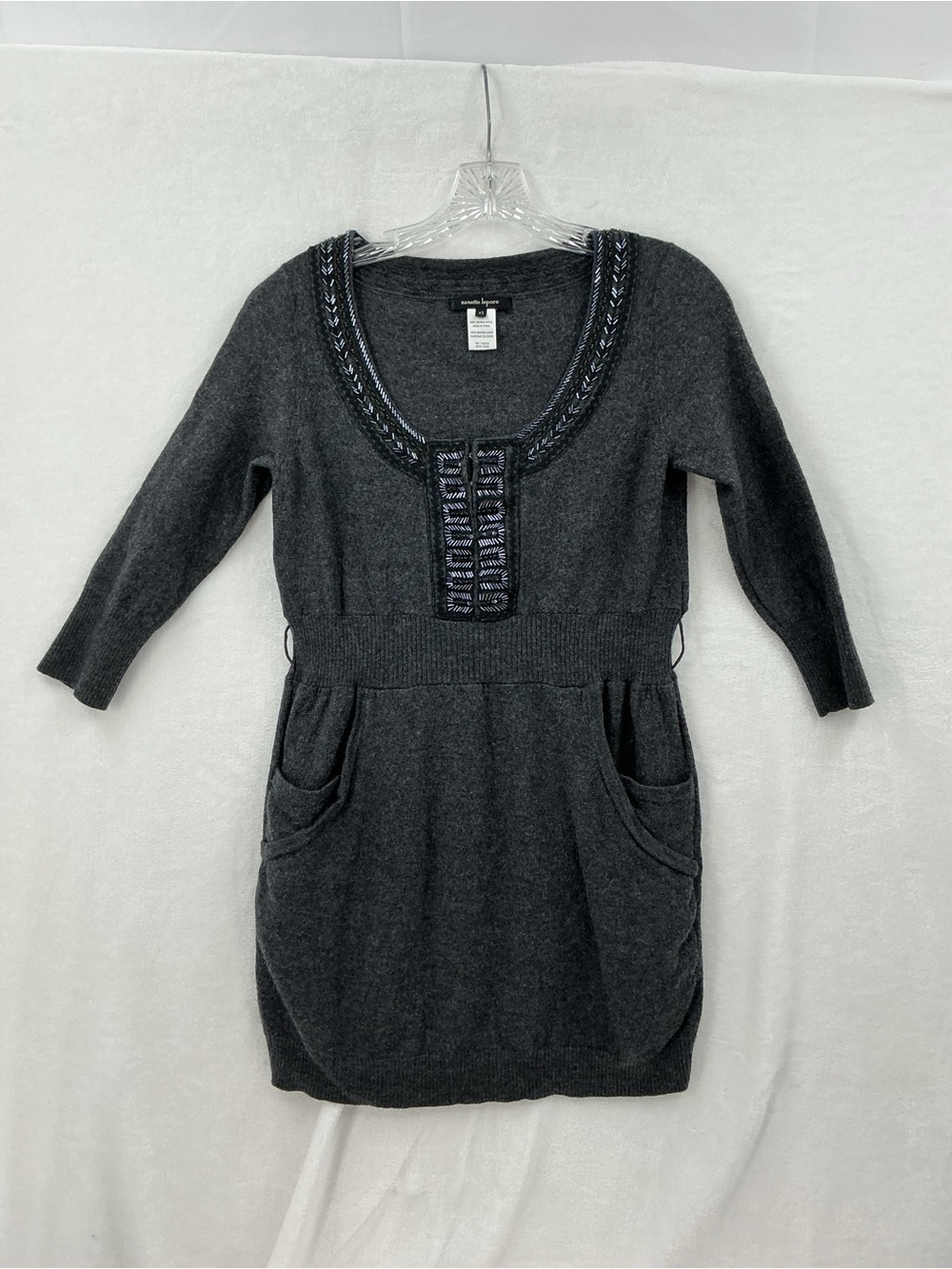 100% merino wool Charcoal Knit Scoop Neck Sweater Dress with Embellished 1105